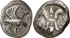 Attica-Islands of the Aegean Attica-Islands of the Aegean, Olympia, Elis Estimate: CHF 5'000.00 Drachm (Silver, 5.60 g 4), c. 460s. Eagle flying left with wings above and below his body, grasping snak