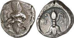 Attica-Islands of the Aegean Attica-Islands of the Aegean, Olympia, Elis Estimate: CHF 9'500.00 Stater (Silver, 12.45 g 11), c. 450-440. Eagle flying right with wings above and below his body, graspin