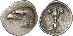 Attica-Islands of the Aegean Attica-Islands of the Aegean, Olympia, Elis Estimate: CHF 4'500.00 Hemidrachm (Silver, 2.93 g 3), c. later 390s-380, signed by Polykaon. Head of eagle with long neck to le