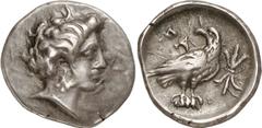 Attica-Islands of the Aegean Attica-Islands of the Aegean, Olympia, Elis Estimate: CHF 500.00 Hemidrachm (Silver, 2.94 g 10), c. 330s. F Head of the eponymous nymph Olympia to right. Rev. F Eagle, wit
