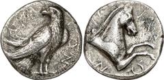 Asia Minor Asia Minor, Kyme, Aeolis Estimate: CHF 1'750.00 Didrachm (Silver, 5.45 g 7), c. 350-320. Eagle, with closed wings, standing right, head turned back to left. Rev. […] Forepart of horse to ri