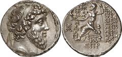 Syria and the East Syria and the East, Demetrios II Nikator, Second Reign as King of Syri Estimate: CHF 2'500.00 Tetradrachm (Silver, 16.61 g 12), Damascus, year 186 = 127/6. Diademed and bearded head