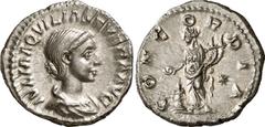 Roman Coins Roman Coins Estimate: CHF 500.00 Aquilia Severa, Second and Fourth Wife of Elagabalus. Denarius (Silver, 3.11 g 7), 220-221/222. IVLIA AQVILIA SEVERA AVG Draped bust of Aquilia Severa to r