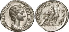 Roman Coins Roman Coins Estimate: CHF 500.00 Orbiana, Wife of Severus Alexander. Denarius (Silver, 2.61 g 6), 225. SALL BARBIA ORBIANA AVG Draped bust of Orbiana to right, wearing stephane and with he