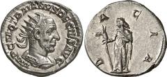 Roman Coins Roman Coins Estimate: CHF 250.00 Trajan Decius, 249-251. Antoninianus (Silver, 4.48 g 6), 249-251. IMP C M Q TRAIANVS DECIVS AVG Radiate and cuirassed bust of Trajan Decius to right. Rev. 