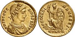 Roman Coins Roman Coins Estimate: CHF 750.00 Theodosius I, 379-395. Solidus (Gold, 3.79 g 11), Constantinople, 388-392. D N THEODOSIVS P F AVG Draped and cuirassed bust of Theodosius I to right, weari