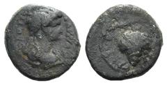Domitia (Augusta, 82-96). Lydia, Philadelphia. Æ (15mm, 3.35g, 6h). Lagetas, magistrate. Draped bust r. R/ Grape bunch. RPC II 1336; SNG Copenhagen 379. Brown patina, Good Fine