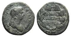 Domitia (Augusta, 82-96). Lydia, Philadelphia. Æ (20mm, 4.40g, 12h). Draped bust r. R/ Legend in four lines within laurel wreath. RPC II 1340; SNG Copenhagen 378. Green patina, Good Fine – Near VF