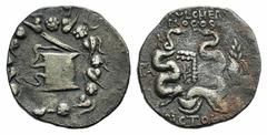 Lydia, Tralles, c. 55-53 BC. AR Cistophoric Tetradrachm (26mm, 12.02g, 12h). C. Pulcher Pro cos. Cista mystica with serpent; all within ivy wreath. R/ Bow case with serpents; in r. field, upright hand