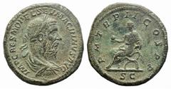 Macrinus (217-218). Æ Sestertius (32mm, 19.21g, 12h). Rome, 218. Draped, cuirassed and laureate bust r. R/ Macrinus seated l. on curule chair, holding globe and short sceptre. RIC IV 148. Toned, green