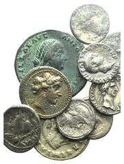 Lot of 10 contemporary replicas of Greek and Roman coins, including: Tarentum AR Nomos, 5 Republican AR Denarii, 2 Imperial Denarii (Nerva, Otho), Lucilla Æ Sestertius, Maximianus silvered Follis. Con