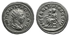 Philip II (247-249). AR Antoninianus (22mm, 4.62g, 12h). Rome, 247-249. Radiate, draped and cuirassed bust r. R/ Philip I and Philip II seated l. on curule chair. RIC IV 230; RSC 17. Good VF