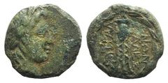 Lydia, Tralles, c. 2nd-1st century BC. Æ (16mm, 2.95g, 12h). Alexander, magistrate. Laureate head of Apollo r. R/ Tripod within wreath. SNG Copenhagen 671. Green patina, VF