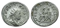 Philip II (247-249). AR Antoninianus (23mm, 3.10g, 6h). Rome, 247-249. Radiate, draped and cuirassed bust r. R/ Philip I and Philip II seated l. on curule chair. RIC IV 230; RSC 17. VF