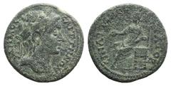 Lydia, Saitta, c. 2nd-3rd century AD. Æ (23mm, 6.77g, 6h). Laureate head of Demos r. R/ Kybele seated l. holding patera, elbow resting on drum. BMC 9. Green patina, Good Fine