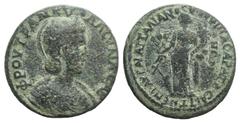 Tranquillina (241-244). Lydia, Saitta. Æ (29mm, 11.18g, 6h). Attalianos, archon. ?POV TRANKVI??EINA CAB, Draped bust r., wearing stephane. R/ E?I AYP AI ATTA?IANOC […] CAP AT CAITTA, Tyche standing l.