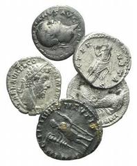 Lot of 5 AR Roman Imperial coins, including Vespasian Denarius, Diva Faustina Senior Denarius, Commodus Denarius, Severus Alexander Denarius and Hostilian Antoninianus. LOT SOLD AS IS, NO RETURNS