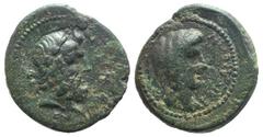Vedius Pollio. Legate of Asia. Lydia, Tralles, c. 29/8-27 BC. Æ (18mm, 3.38g, 12h). Menandros, son of Parrhasios, magistrate. Bare head of Vedius Pollio r. R/ Laureate head of Zeus r. RPC I 2635; SNG 