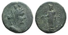 Lydia, Sardis, c. 3rd century BC. Æ (21mm, 6.95g, 12h). Turreted and veiled head of Tyche r. R/ Zeus Lydios standing l., holding eagle and sceptre; monogram to l. SNG von Aulock 3129-30. Green patina,