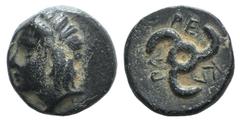 Dynasts of Lycia, Perikles (c. 380-360 BC). Æ (11mm, 2.16g). Horned head of Pan l. R/ Triskeles. Falghera 219-23; SNG von Aulock 4257-8. Green patina, Good VF