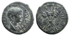 Nero (54-68). Lydia, Blaundus. Æ (16mm, 3.51g, 12h). Bare-headed and draped bust r. R/ Four grain ears, tied together. RPC I 3060. Green patina, VF