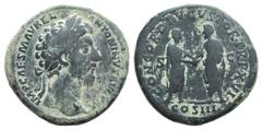 Marcus Aurelius (161-180). Æ (34mm, 25.22g, 12h). Rome, 162. Laureate bust r., with slight drapery. R/ Marcus Aurelius and Lucius Verus standing vis-à-vis, clasping hands; Aurelius holds a scroll. RIC