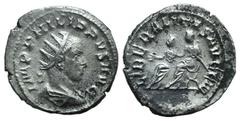 Philip II (247-249). AR Antoninianus (23mm, 3.62g, 6h). Rome, 247-249. Radiate, draped and cuirassed bust r. R/ Philip I and Philip II seated l. on curule chair. RIC IV 230; RSC 17. VF