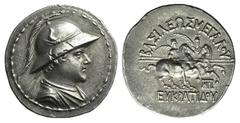 Baktria, Greco-Baktrian Kingdom. Eukratides I (c. 170-145 BC). AR Tetradrachm (35mm, 16.95g, 12h). Diademed, draped and cuirassed bust r., wearing crested helmet adorned with bull's horn and ear. R/ T