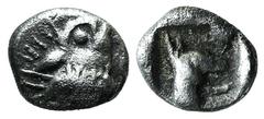Lycia, Uncertain, 5th century BC. AR Hemiobol(?) (6mm, 0.33 g, 3h). Boar head r. R/ Head and neck of hound r., within incuse square. Traité II 184 var. (hound l.). Rare, VF