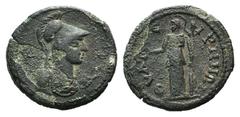 Lydia, Thyateira. Pseudo-autonomous issue, 2nd-3rd centuries AD. Æ (20mm, 3.55g, 6h). Helmeted bust of Athena r., wearing aegis. R/ Tyche standing l., holding rudder and cornucopia. SNG Copenhagen 582