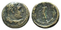 Lydia, Sardes, 2nd-1st centuries BC. Æ (16mm, 6.11g, 12h). Heraois, magistrate. Laureate head of Herakles r. R/ Apollo standing l., holding bird and olive-branch; monogram l.; all within wreath. SNG C