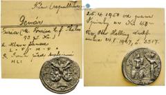 Roman republic, Roman republic Denar (119 BC). M. Furius L. f. Philus Fields tooled. Old label included. Römische Republik, Römische Republik Denar (119 v. Chr.). M. Furius L. f. Philus Felder bearbei