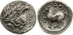 Celts / Kelten Serbia, Scordisci, Celts Tetradrachm (3rd/2nd century BC), Helmschweifreiter type Scratches Serbien, Skordisker, Kelten Tetradrachme (3./2. Jh. v. Chr.), Typ Helmschweifreiter Kratzer S