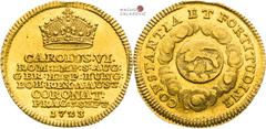 Karl VI - Medaillen und Jetonen Charles VI, House of Habsburg Gold token 1723 (3/4 Ducat). Coronation of bohemian king in Prague. Vienna. Rare! Karl VI., RDR Goldjeton 1723 (3/4 Dukat). Krönung zum bö