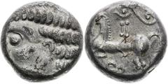 Celts | Kelten Southwestern Slovakia, Celts Tetradrachm (2nd century BC). Head of Apollo / Lily and rider type Light traces of corrosion.. Very rare! Südwestslowakei, Kelten Tetradrachme (2. Jh. v. Ch