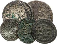 House of Habsburg | RDR Mixed lots, House of Habsburg Coins (5 pcs). Poltura 1710, 3 Kreuzer 1717, Denár 1627, Denár 16xx, Kreuzer 1776 Konvolute, RDR Münzen (5 Stk). Poltura 1710, 3 Kreuzer 1717, Den