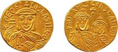Byzantine - Théophile (829-842) - Constantin et Michel III - Solidus - Constantinople (830-840) - Lettre de contrôle Θ. Av. : buste drapé et couronné de Théophile de face tenant une croix de patriarch
