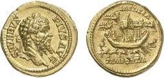 80-Septime Sévère (193-211) Aureus - Rome (204) Av. : Tête laurée de Septime Sévère à droite. Rv. : Le cirque Maxime décoré comme un bateau avec une voile sur l'obélisque central et tous les éléments 