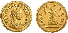 106-Carus (282-283) Aureus - Rome (282-283) - Av. : Buste lauré, drapé et cuirassé de Carus à droite - Rv. : La Paix marchant à gauche tenant une branche d'olivier et un sceptre transversal.Rarissime 