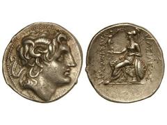 Tetradracma. 297-281 a.C. LISÍMACO. TRACIA. Anv.: Cabeza diademada de Alejandro Magno con cuerto de Amón a derecha. Rev.: Atenea entronizada a izquierda, sosteniendo a Nike, delante y detrás leyenda. 