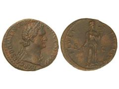 Dupondio. Acuñada el 86 d.C. DOMICIANO. Anv.: IMP. CAES. DOMIT. AVG. GERM. (COS.) XII CENS. PER. P. P. Busto laureado a derecha. Rev.: FIDEI PVBLICAE S. C. Buena Fe en pie a derecha. Pátina marrón ¿ar