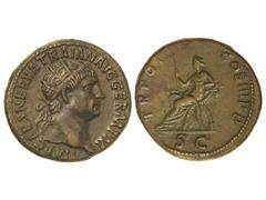 Dupondio. Acuñada el 100 d.C. TRAJANO. Anv.: IMP. CAES. NERVA TRAIAN. AVG. GERM. P. M. Cabeza radiada a derecha. Rev.: TR. POT. COS. III P. P. S. C. Fortuna sentada a izquierda. Pátina oscura ¿artific