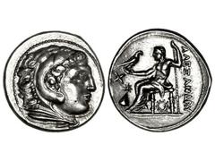 Tetradracma. 336-323 a.C. ALEJANDRO MAGNO. MACEDONIA, TRACIA, TESALIA. Anv.: Cabeza de Hércules con piel de león a derecha. Rev.: Zeus entronizado a izquierda, delante símbolos, detrás leyenda. 17,13 