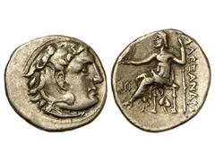 Dracma. 336-323 a.C. ALEJANDRO MAGNO. Anv.: Cabeza de Hércules con piel de león a derecha. Rev.: Zeus entronizado a izquierda, detrás leyenda. 3,80 grs. AR. Müller-No cat. MBC+/MBC.