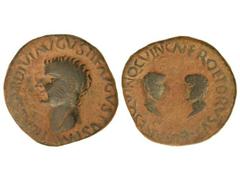 Semis. ÉPOCA DE TIBERIO. CARTAGONOVA. Anv.: TI. CAESAR DIVI AVGVSTI F. AVGVSTVS P. M. R. Cabeza desnuda de Tiberio a izquierda. Rev.: NERO ET DRVSVS CAESARES. Cabezas enfrentadas de Nero y Druso. 13,8