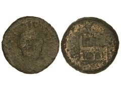 Dupondio. ÉPOCA DE AUGUSTO. EMÉRITA. Anv.: Cabeza barbada de frente. Rev.: Puerta. 21 grs. MUY ESCASA. AB-1002. RC.