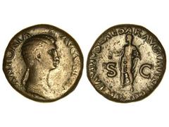 Dupondio. Acuñada el 41-42 d.C. ANTONIA. Anv.: ANTONIA AVGVSTA. Cabeza descubierta a derecha. Rev.: TI. CLAVDIVS CAESAR AVG. P. M. TR. P. IMP. P. P. S. C. Claudio en pie a izquierda. C-6. MBC-.