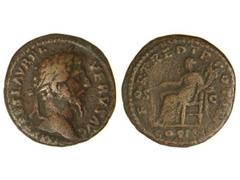 Dupondio. Acuñada el 162 a 163 d.C. LUCIO VERO. Anv.: IMP. CAES. L. AVREL. VENVS AVG. Busto a derecha. Rev.: FORT. REO. TR. POT. III COS. III S. C. Fortuna sentada a izquierda con timón. C-99. MBC/MBC