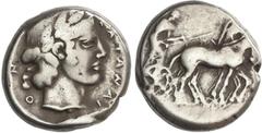 GREEK COINS GREEK COINS Ancient Greece Tetradracma. 450-445 a.C. KATANE. SICILIA. Anv.: Auriga, sosteniendo kentron y riendas, conduciendo una cuadriga a derecha. Rev.: Cabeza laureada de Apolo a dere