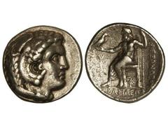 Tetradracma. ALEJANDRO MAGNO. ARADOS. Anv.: Cabeza de Hércules con piel de león a derecha. Rev.: Zeus entronizado a izquierda, alrededor leyenda y símbolos. 17,10 grs. AR. Müller-1370. (MBC+).